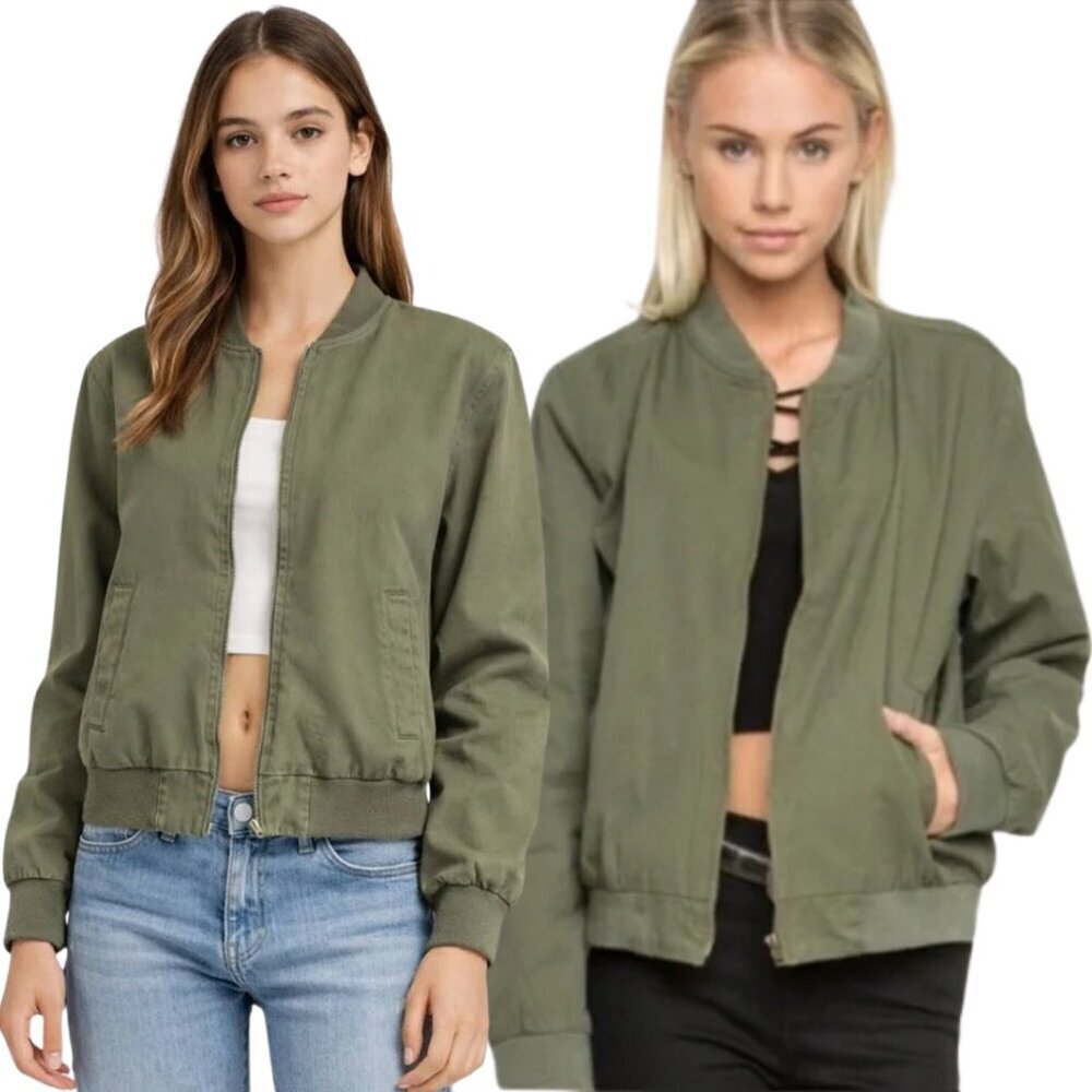 Brandy Melville Kasey Bomber Jacket Women's One Size Army Green Canvas Full Zip